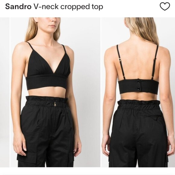 Sandro Paris Black Elegant V Neck Triangle Crop Top - Size 3 M/Large (8-10) NWT - Picture 1 of 11
